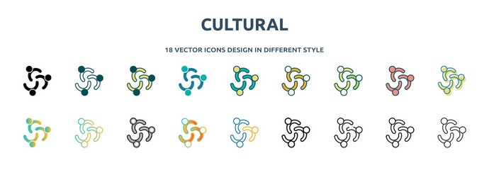 cultural icon in 18 different styles such as thin line, thick line, two color, glyph, colorful, lineal color, detailed, stroke and gradient. set of cultural vector for web, mobile, ui