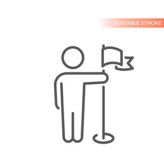 Businessman and flag outlined vector icon. Business achievement and goal success symbol.