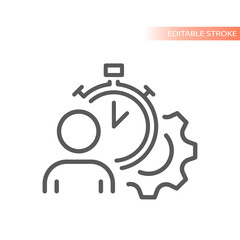 Man, gear and clock line vector icon. Time management, deadline outlined symbol.