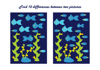 Obraz na płótnie Canvas Find 10 differences. Educational game for children. Underwater sea world. Cartoon vector illustration.
