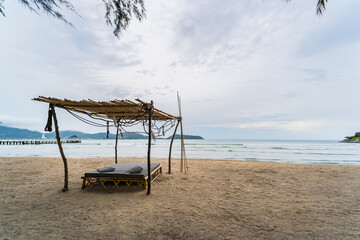 Beach Chairs in front of the sea beach - Holiday relaxation background Concept