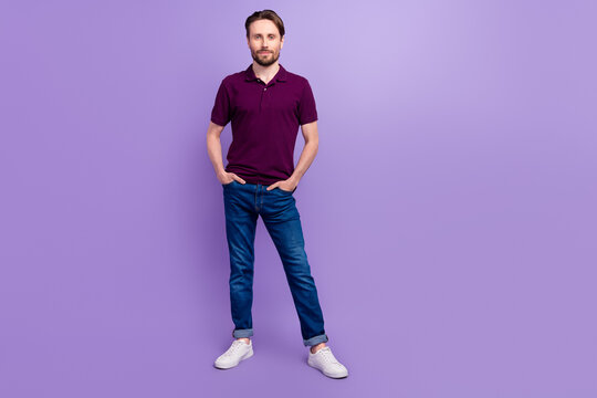 Full Body Photo Of Young Man Standing Hands In Pocket Wear Causal Clothes Isolated Over Violet Color Background