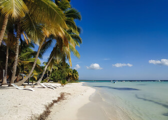 Tall beautiful coconut palms on the sandy shores of the Caribbean Sea. Dominican Republic beach in Punta Cana with sunbeds. Tropical landscape. The concept of exotic vacation, travel and tourism.