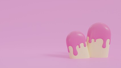 Cute abstract pink ice cream with yellow dripping isolated on pink background. Minimal cartoon summer sweets concept. 3d rendering illustration.