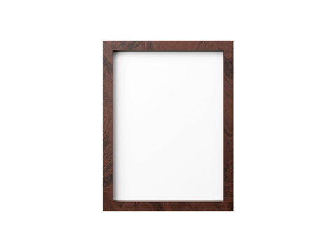 Horizontal simple frame mockup on white isolated background. One dark wood blank frame hanging on wall painted white color. Blank photo frame mockup for your design. 3d rendering illustration.