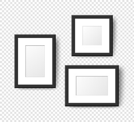 Realistic Empty Wall Photo Frames set. Vector black picture frame mockup template with shadow on transparent background. Mockup for poster, banner, photo gallery, painting, presentation