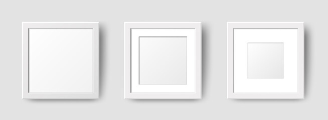 Realistic Square Empty Wall Photo Frames set. Vector white picture frame mockup template with shadow on gray background. Mockup for poster, banner, photo gallery, painting, presentation