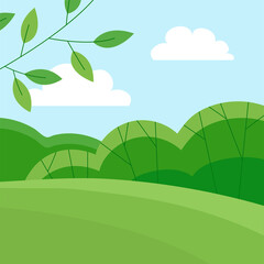 Summer landscape of nature. Panorama with green forests, hill, fields and blue sky. Rural scener. Flat vector illustration © Mikhail