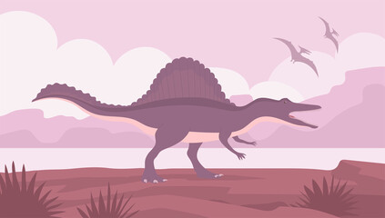 Fototapeta na wymiar Spinosaurus predatory dinosaur hunter of the Jurassic period. Fin plate on the back. Prehistoric pangolin animal. Vector cartoon illustration. Wild nature background