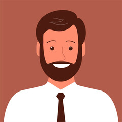 Portrait of a cheerful young man with a happy smile. Face with beard. Business shirt and tie. Flat vector isolated illustration
