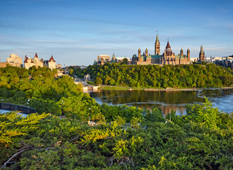 Aerial view of the skyline of Center Block and cityscape of Parliament Hill in Ottawa, Canada, at...