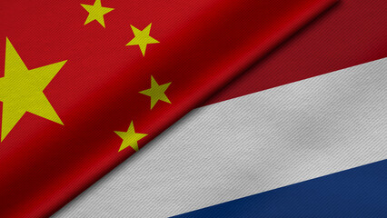 3D Rendering of two flags from China and Netherlands with fabric texture, bilateral relations, peace and conflict between countries, great for background