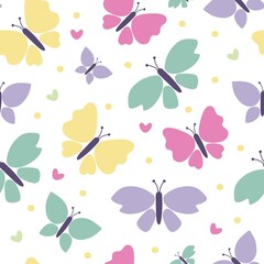 Vector butterfly seamless repeat pattern design background. Random colorful butterfly silhouette, cute girly pastel pattern
