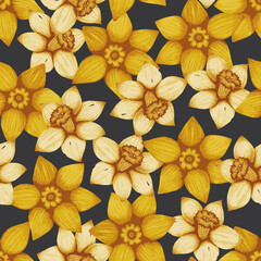 Obraz na płótnie Canvas Daffodils Head on Black Background Vector Seamless Pattern