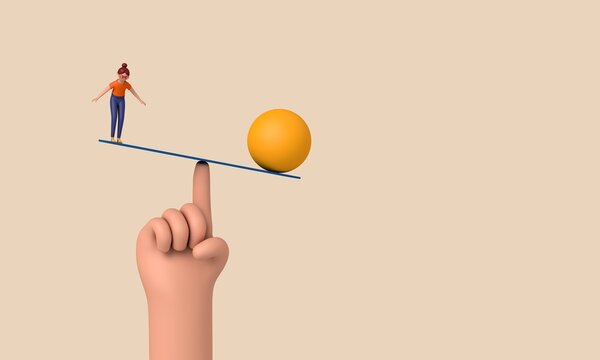 Character balancing on an unstable seesaw. 3D Rendering