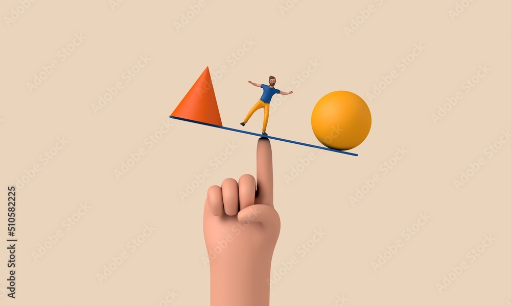 Poster character balancing on an unstable seesaw. 3d rendering