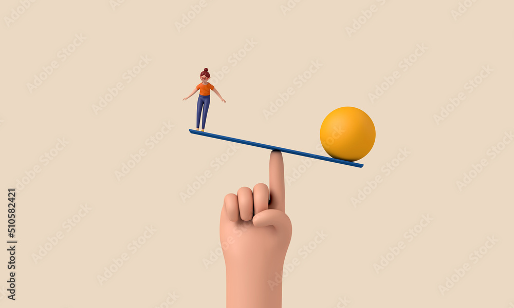 Poster character balancing on an unstable seesaw. 3d rendering