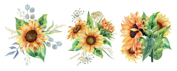 Set of watercolor sunflowers bouquets. Floral watercolor arrangements. Wedding sunflowers compositions.