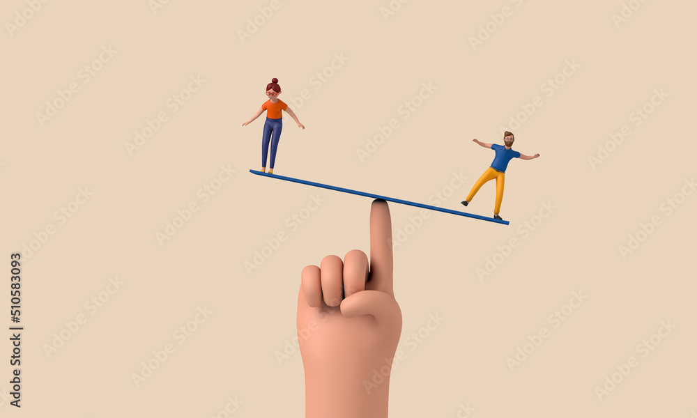 Aufkleber character balancing on an unstable seesaw. 3d rendering