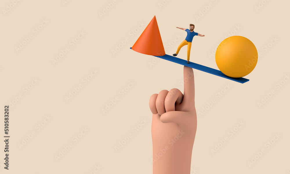 Poster character balancing on an unstable seesaw. 3d rendering