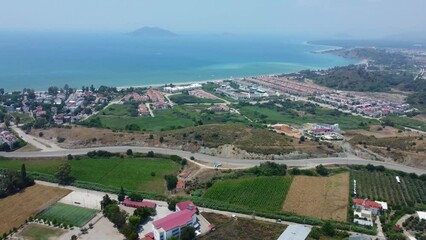 Fethiye, Turkey - 12th of June 2022: 4K Aerial shot of the Mediterranean coast near Fethiye
