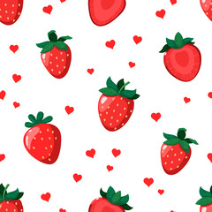 Vector seamless pattern with delicious strawberries. Illustration with juicy berries on a white background. Whole berries and cut berries.