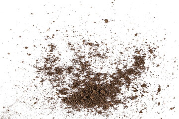 Pile of soil scattered isolated on white background and texture, top view
