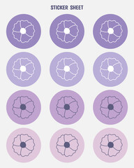 Set of purple spring flower stickers. Bullet journal stickers, planner, scrapbook stickers design.