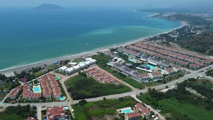 Fethiye, Turkey - 12th of June 2022: 4K Aerials of the Fethiye resort at the Mediterranean coast
