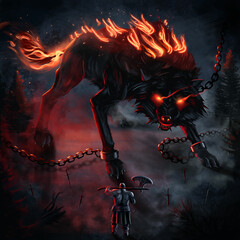 A giant black fire wolf with flaming eyes, a fiery mane and tail glares furiously at the one-armed warrior with an ax on his shoulder © HardTryer