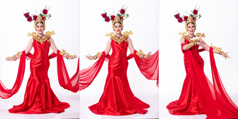 Full length of Young Asian 20s Beautiful Woman, look at camera, wear National Costume Gown