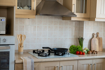 Close up shot of kitchen with classic style interior. Wooden furniture, gas cooktop, eco friendly...