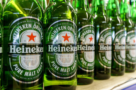 Tyumen, Russia-May 08, 2022: Heineken Lager Beer In Supermarket Is The Flagship Product Of Heineken