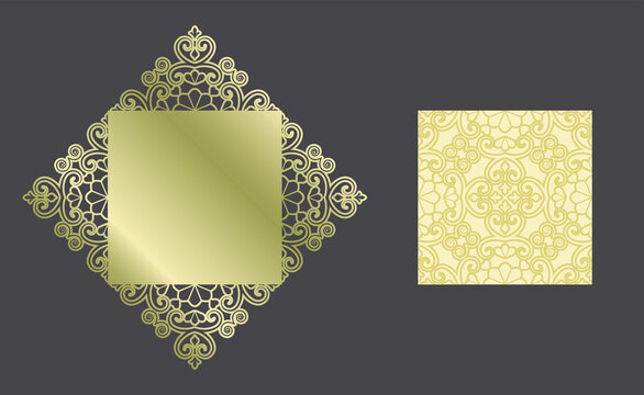 Wedding invitation or greeting card with flower ornament. Cut laser square envelope template. Wedding invitation envelope for laser cutting. Vector illustration.