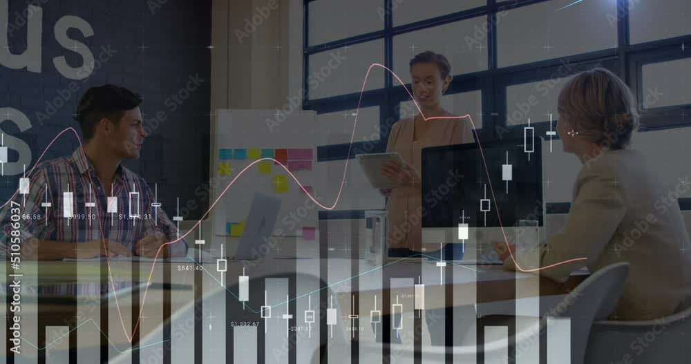 Poster statistical data processing against diverse office colleagues discussing in meeting room at office
