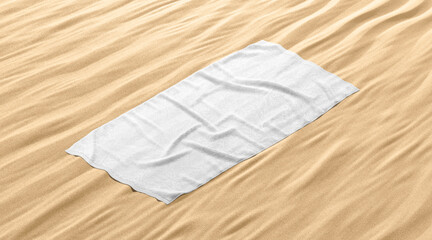 Blank white crumpled unfolded big towel mockup, sand background - obrazy, fototapety, plakaty