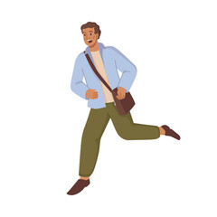 Employee or student being late for work or university classes. Isolated man with bag on shoulders, moving fast and quickly, rushing and hurrying. Flat cartoon character, vector illustration