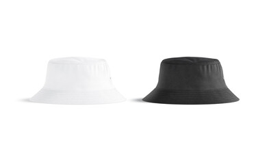 Blank black and white bucket hat mockup, profile view