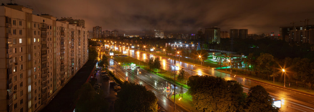A Moscow avenue panorama after night summer rain