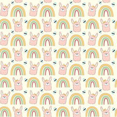 Seamless pattern with cartoon rabbits and rainbow for kids. Abstract background.