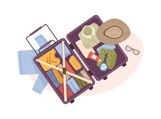 Luggage for traveling, isolated bag with personal belonging, clothing and accessories, cosmetics and hygiene lotions. Stuff for rest on vacation, packed baggage. Vector in flat style
