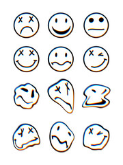 Psychedelic glitch stickers set. Smile emoji melt faces. Liquid Smiley trippy face, crazy cartoon character. Groovy Vector distorted neon glitch style illustration.