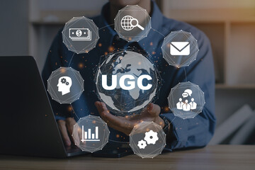 UGC (User-generated Content).Businessman using a computer to 