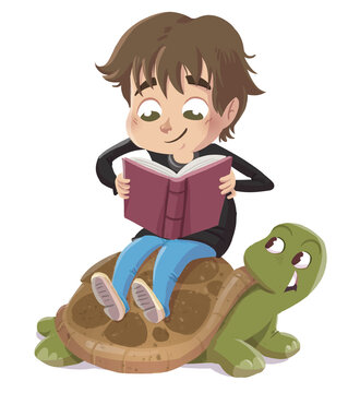 Illustration of a boy on top of a turtle reading