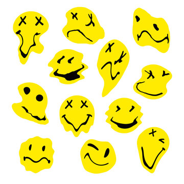 Psychedelic retro smiley. Melted smiling faces, liquid trippy groovy characters. Dripping smiling faces. Crazy smile emoji vector illustration set isolated