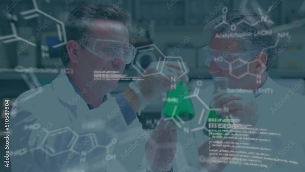 Poster animation of data processing and chemical formula over caucasian male scientists in lab