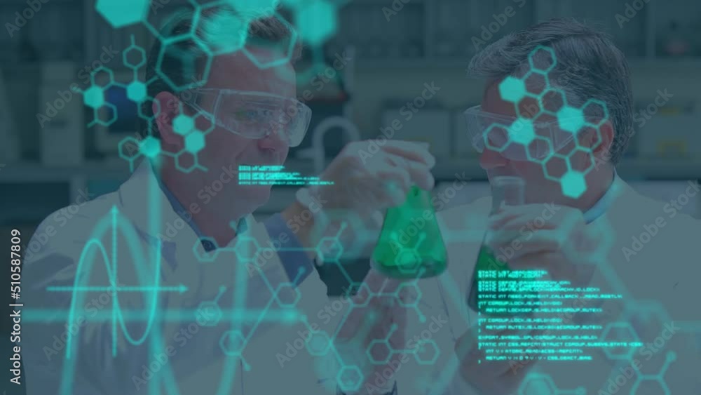 Poster animation of data processing and chemical formula over caucaisan male scientists in lab