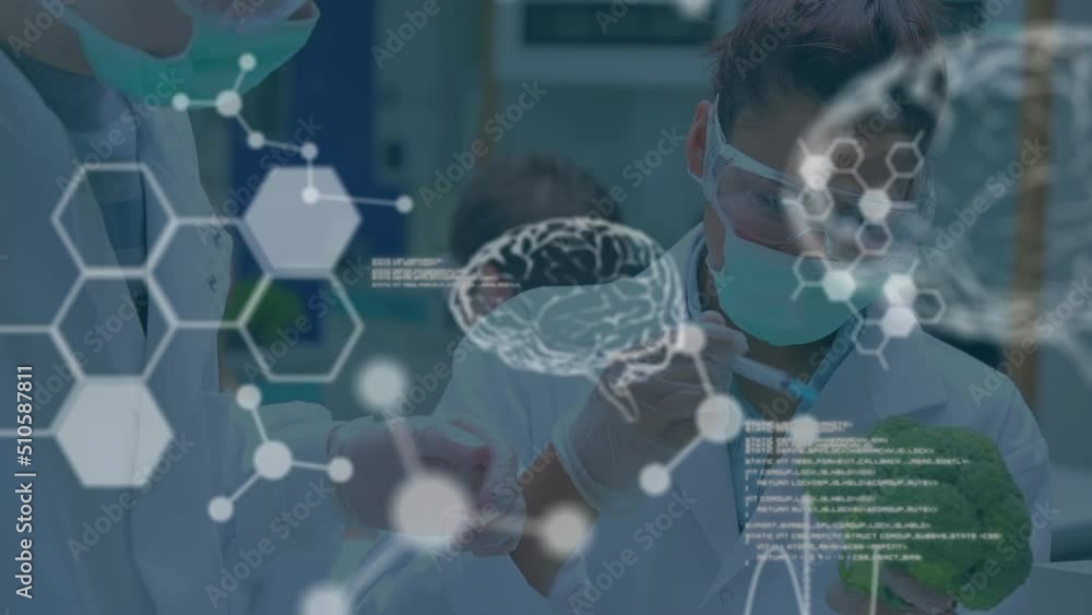 Poster animation of data processing and chemical formula over diverse scientists in lab