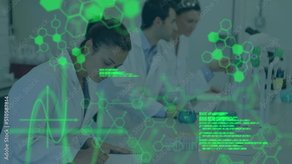 Poster animation of data processing and chemical formula over diverse scientists in lab