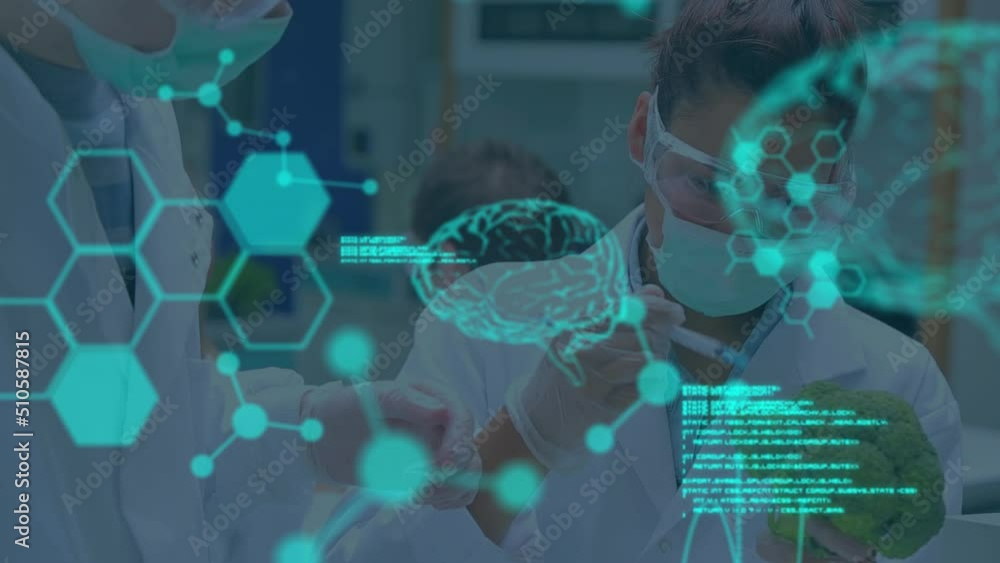 Poster animation of data processing and chemical formula over diverse scientists in lab